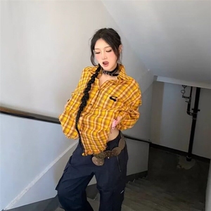 2025美式复古多巴胺黄色格子衬衫男女高街衬衣开衫长袖外套上衣图片
