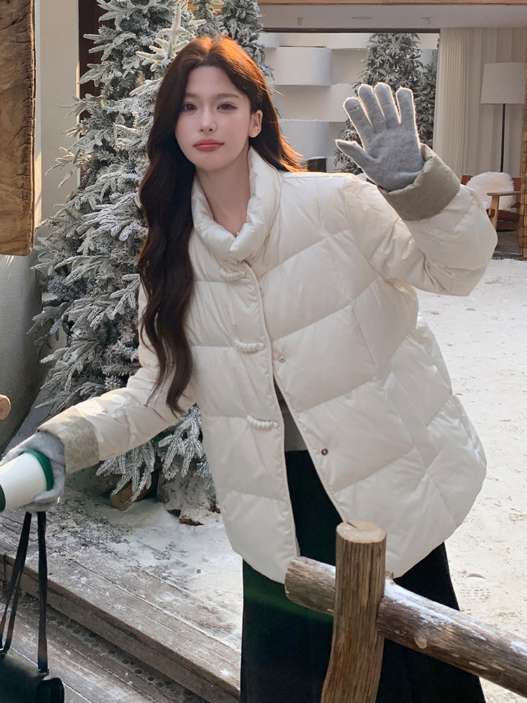 短款立领拼接袖简中式一手长加厚羽绒服女宽松保暖外套,女装羽绒服,水衣源