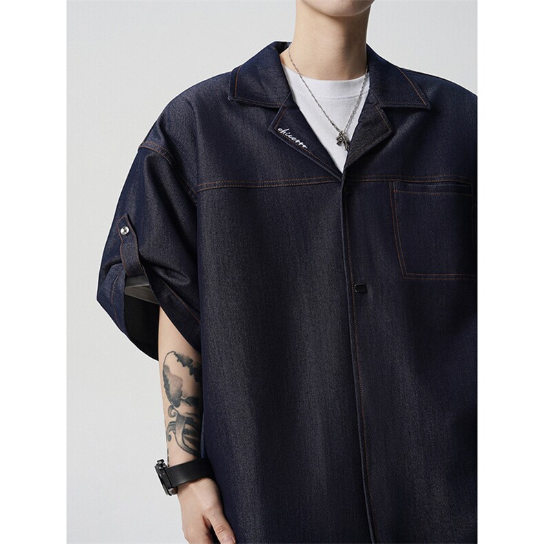 8XL-M夏季简约高级感冰丝牛仔古巴领男休闲痞帅宽松套装潮TZ109,男装休闲套装,电商D206-1