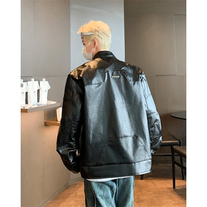 小众高级感立领机车皮衣男宽松短款垫肩夹克外套图片