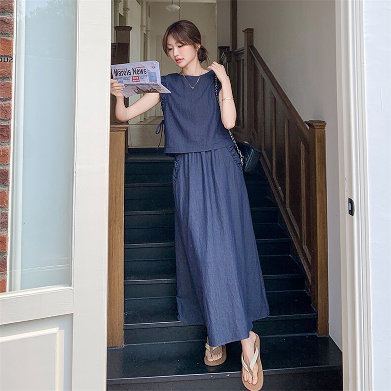 深蓝色休闲时尚套装裙女2025夏季新款独特设计感气质半身裙两件套,女装套装/套裙,浙宝069