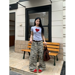 复古沙漠迷彩多口袋弯刀工装裤廓形阔腿伞兵牛仔裤K8310-P56网图图片