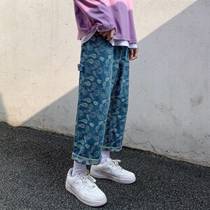 2021港风外景白墙宽松休闲直筒裤九分牛仔裤满印腰果花N8053-P55图片