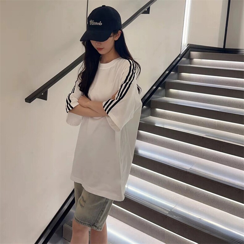 抖音得物高品质二开240克宽松纯棉美式潮牌三条杠织带短袖T恤,男装T恤,电商A486