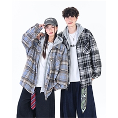 潮宽松连帽格子假两件情侣长袖外套XZ402-2-P78控98-JK2508大货足，女装短外套，星座402-2