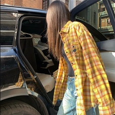 2025美式复古多巴胺黄色格子衬衫男女高街衬衣开衫长袖外套上衣，男装衬衫，星座506A