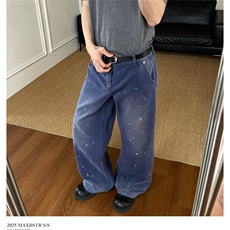 美式高街水洗做旧深蓝色牛仔裤男女破洞泼墨直筒裤子XN7052，男装牛仔裤，星座208-5