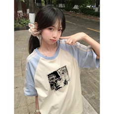抖音得物品质二开240克宽松纯棉美式潮牌插肩三杠织带短袖T恤，男装T恤，电商A486