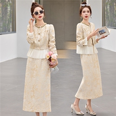 新款春季优雅高端大气提花收腰气质两件套，女装套装/套裙，布芭啦