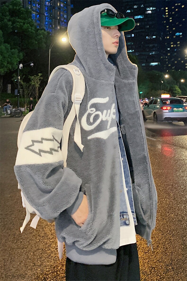冬款港风学生加绒拼色棉衣羊羔绒连帽外套男女920-P110控价158,男装棉衣,电商A441-1