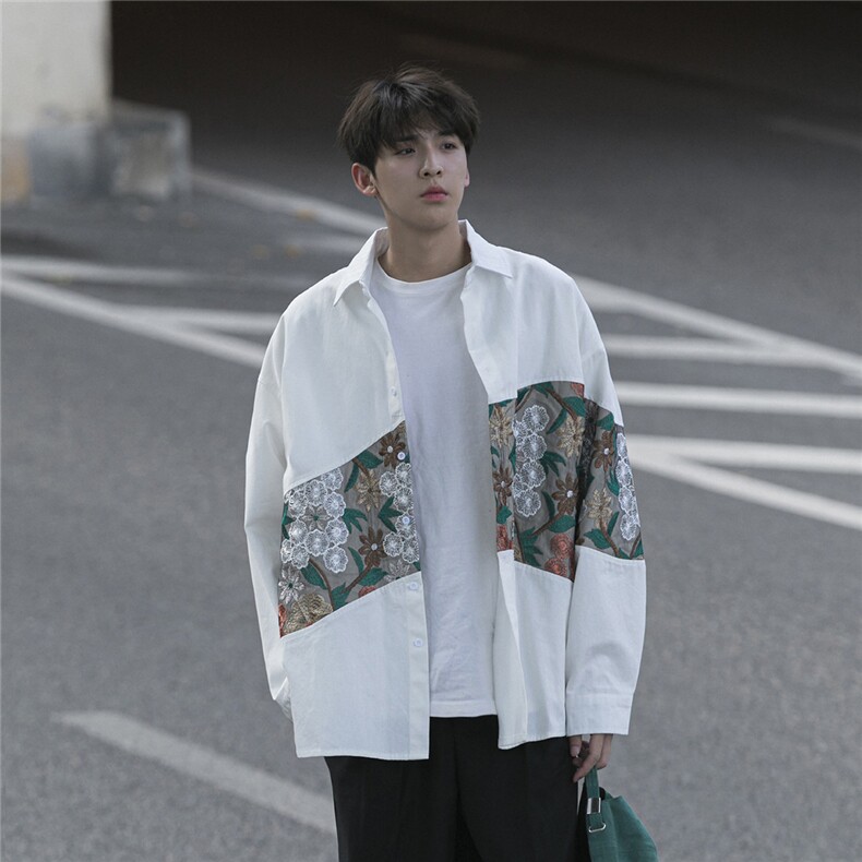 港风长袖衬衣男情侣大码M-5XL中性风刺绣潮长袖衬衫男CS9743P50,男装衬衫,星座227-7