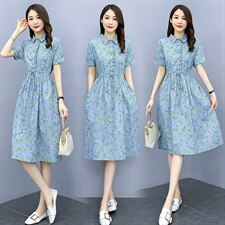 纯棉连衣裙女2023夏季时尚中长款碎花裙气质翻领收腰显瘦棉布裙子，女装连衣裙，超帛
