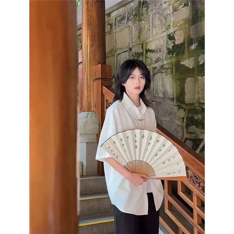 新中式男装风金属扣短袖衬衫男高级感民学生装衬衣薄款外套,男装衬衫,星座506A