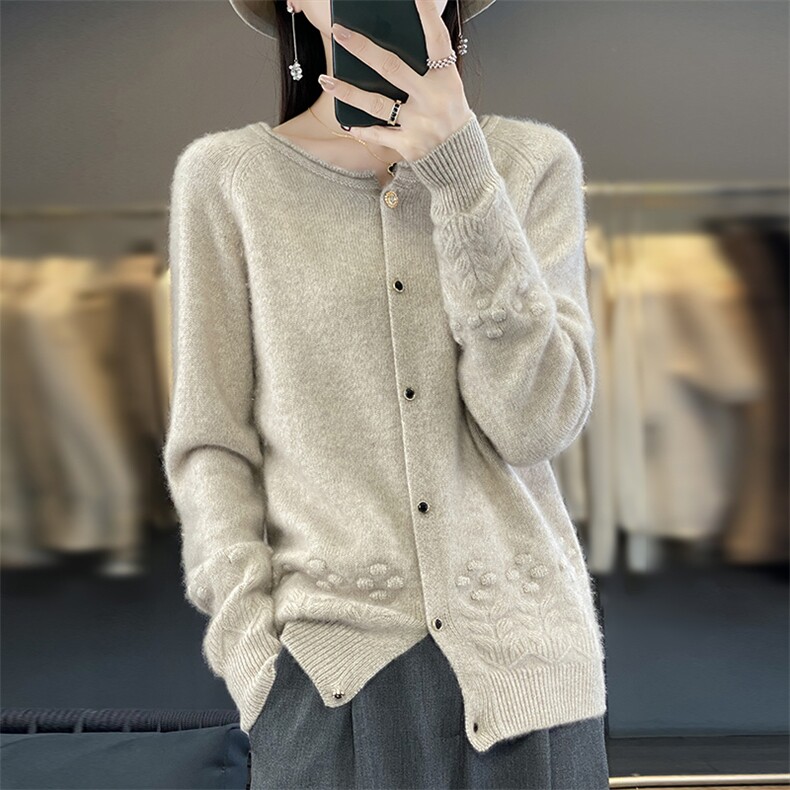 7针加厚花朵股波开衫圆领2024年秋季单排扣羊毛针织衫,女装羊毛衫,羊秋羊绒