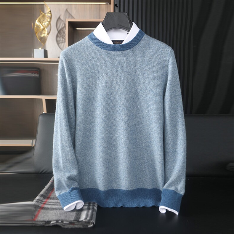 时尚男士羊毛衫平面芝麻点虚提双色圆领高品质保暖毛衣，男装羊绒套衫，台绒羊绒
