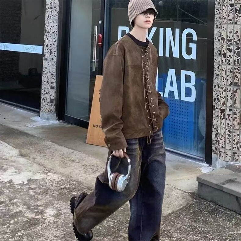 秋冬装外穿抽绳皮衣对襟后背飞片设计复古个性宽松舒适别致外套潮,男装皮衣,星座1210-1