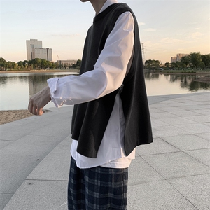 慵懒风针织毛衫马甲外搭宽松无袖毛衣开叉背心坎肩上衣外穿S3/P50图片