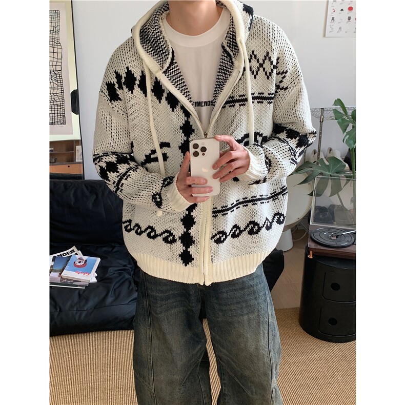 费尔岛毛衣开衫男款秋冬季慵懒高级感连帽针织衫cleanfit情侣外套,男装针织衫/毛衣,电商D256