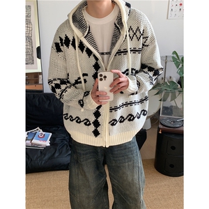 费尔岛毛衣开衫男款秋冬季慵懒高级感连帽针织衫cleanfit情侣外套图片