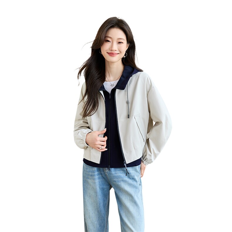欧货2025春季新款撞色连帽卫衣拼接假两件外套女学院风夹克上衣潮,女装短外套,简韵佳