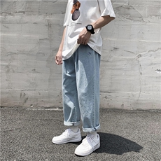 牛仔裤男港风宽松直筒裤潮流休闲阔腿裤中性束脚九分裤子K176-p35，男装牛仔裤，星座1008