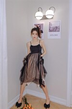 现货ceelphy浪漫网纱撞色不规则裙摆吊带，女装背心吊带，ceelphy