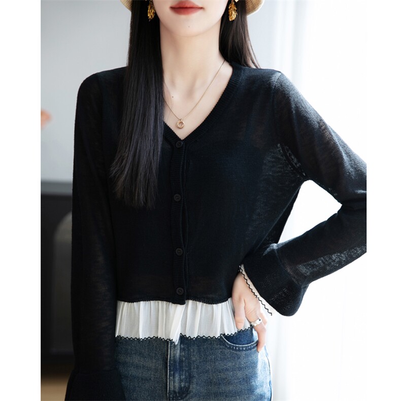 小香风微透防晒蕾丝开衫女夏外搭短款显瘦配吊带裙木耳边披肩罩衫,女装蕾丝衫/雪纺衫,菲奥羊绒