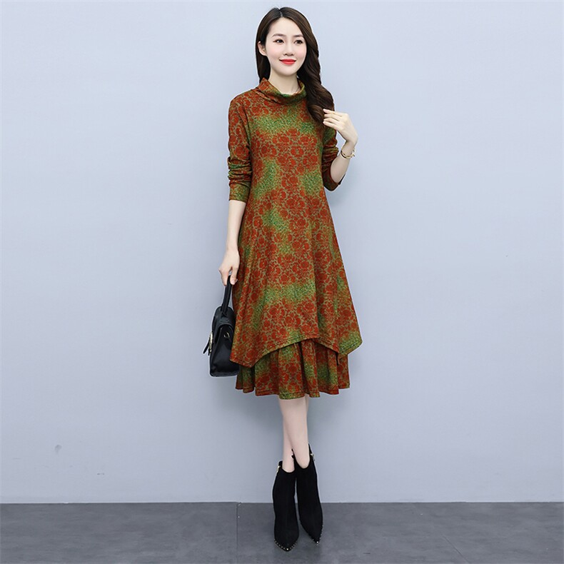 2022秋季女装新款大量现货高领民族风套头大码印花中长款连衣裙,女装连衣裙,缘衣格