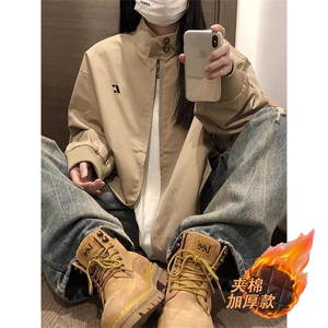 800-P63 美式复古初秋夹克外套女2025新款宽松立领卡其色短款图片