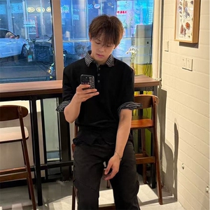 得物抖音高品质二开 夏季美式潮牌假两件条纹衬衫翻领高街短袖T恤图片