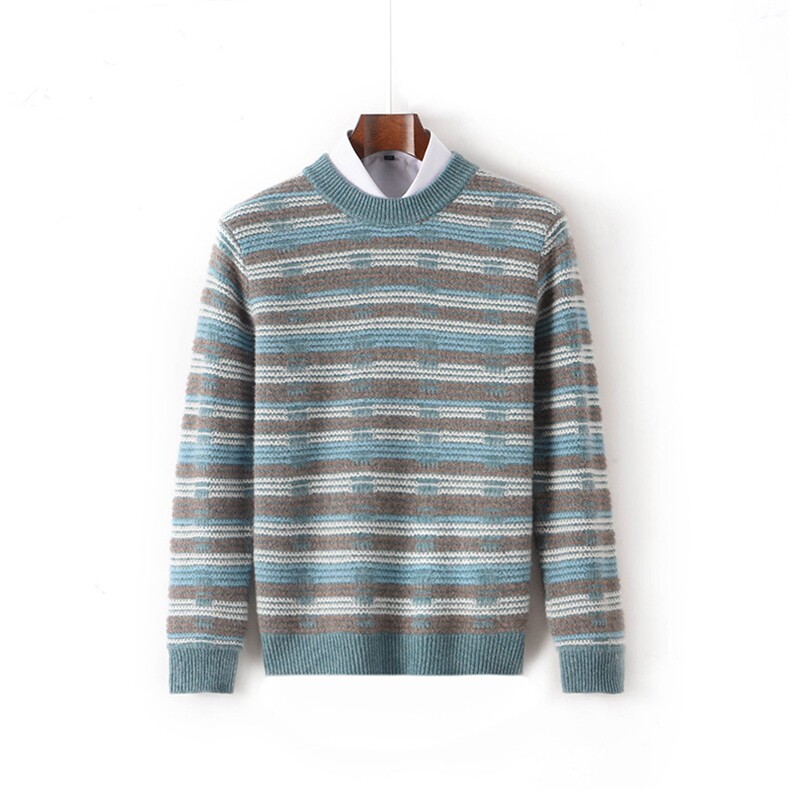 条纹男士圆领套头毛衣冬季新款拼色条纹宽松羊毛衫，男装羊毛衫，雅邦羊绒