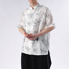 夏季新款日系风亚麻印花透气复古立领短袖衬衫男CS35-P65，男装T恤，电商A021