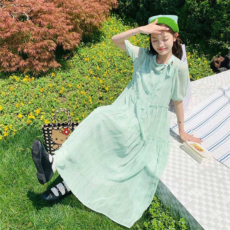 浅绿色小清新连衣裙女2024夏季新款减龄小个子高级感收腰显瘦长裙,女装连衣裙,2C058