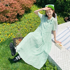 浅绿色小清新连衣裙女2024夏季新款减龄小个子高级感收腰显瘦长裙，女装连衣裙，2C058