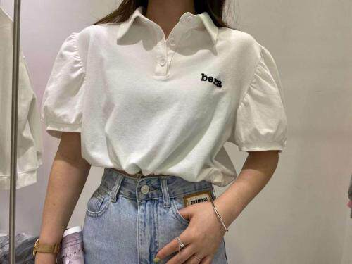 夏季新款短款polo领T恤衫抽绳泡泡袖上衣，女装T恤，BBGG