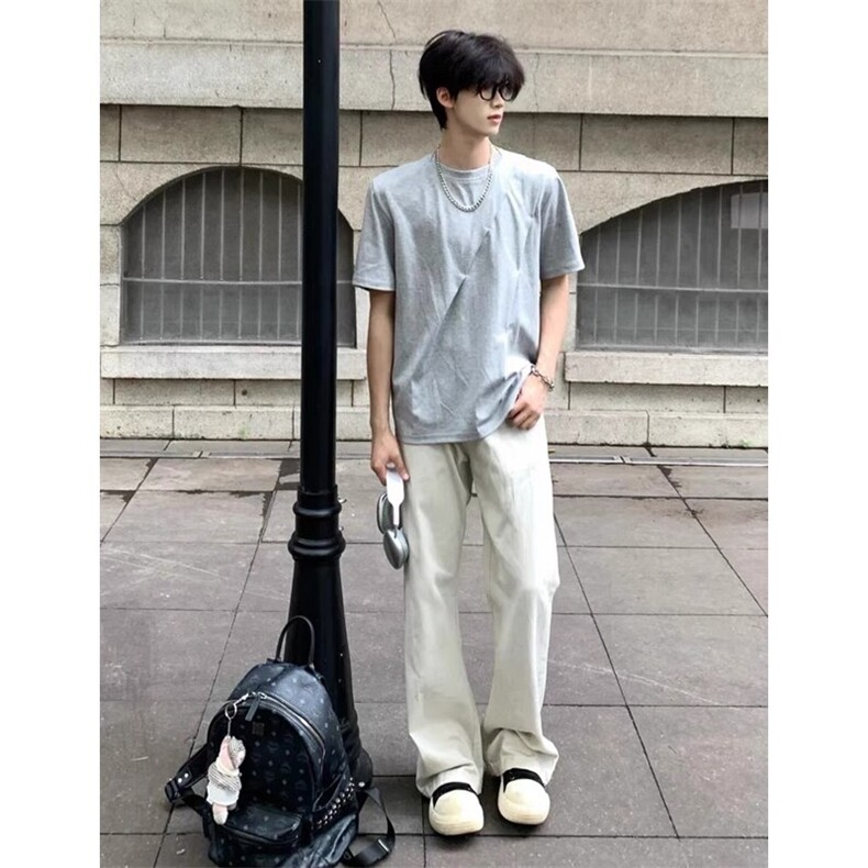 斜褶短袖T恤曼巴棉空气层设计感圆领体恤上衣T261-P35,男装T恤,星座1213