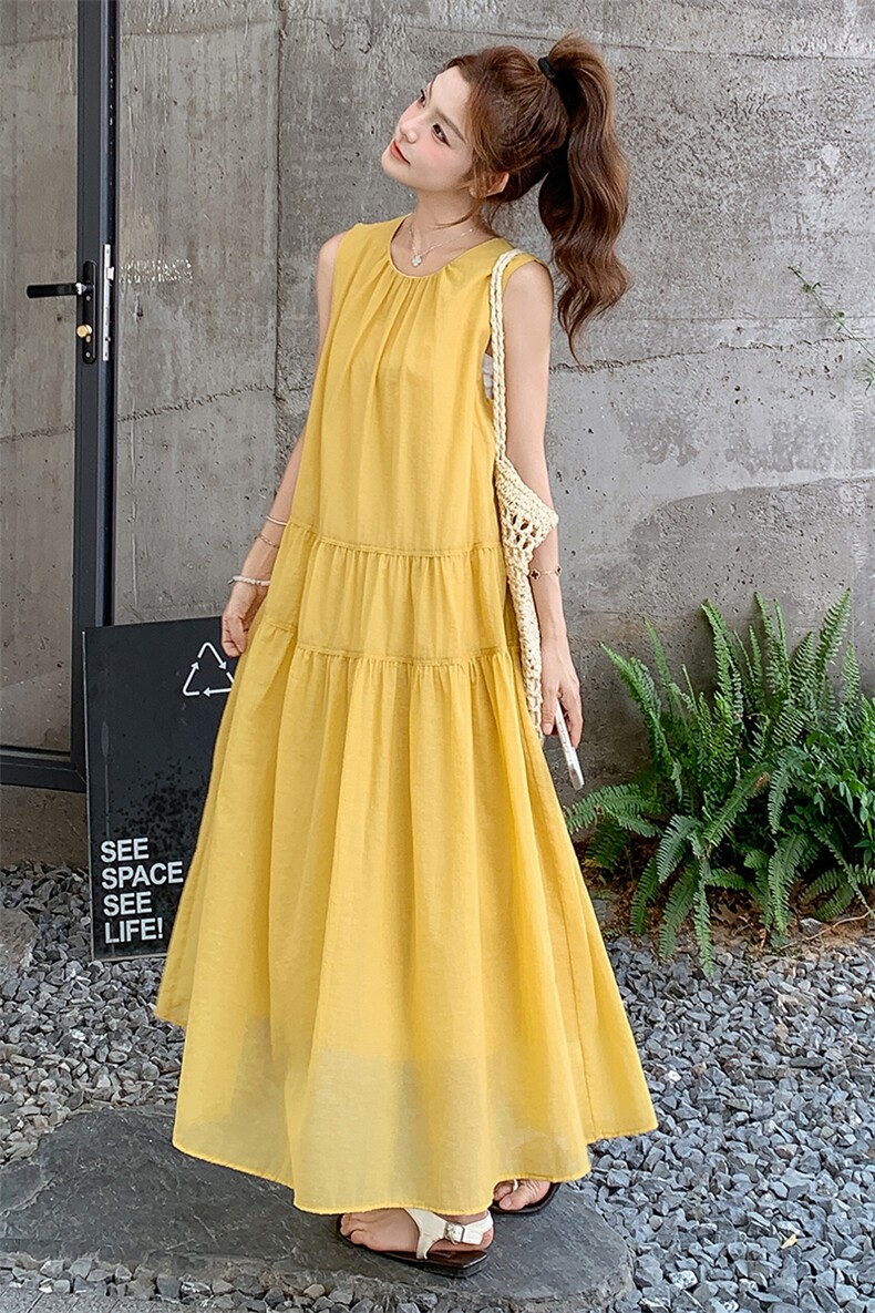 黄色甜美宽松无袖连衣裙女2025夏季新款韩版宽松简约初恋背心长裙,女装连衣裙,浙宝305