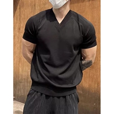 V领针织短袖t恤男士夏季薄款轻熟风简约纯色透气体恤衫Z66，男装T恤，星座1116A-2（原606A-1）