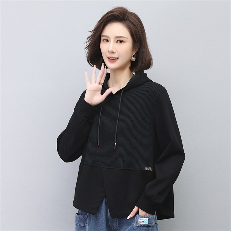 2023春夏设计款拼接连帽舒适简约潮流抽绳上衣,女装衬衫,叶笙衣