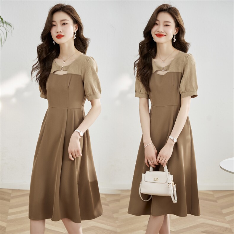 法式连衣裙女2025春夏新品撞色拼接茶歇裙高腰显瘦中长裙,女装连衣裙,采品优优