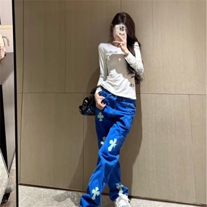 美式复古高腰蓝色牛仔裤男女秋季高街设计感宽松显瘦窄版直筒裤图片