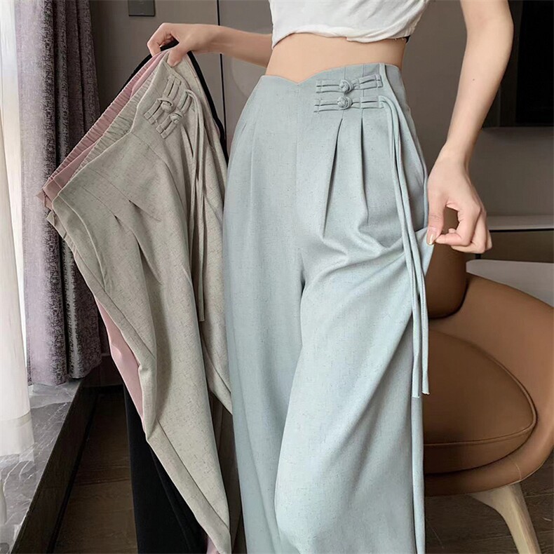 亚麻新中式风盘扣阔腿裤女2024夏季新款高腰垂感窄版阔腿休闲图片