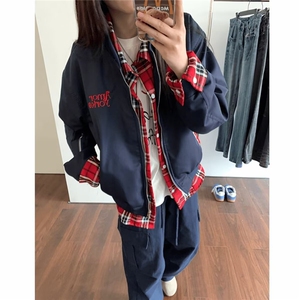 FFY2154-P69美式假两件夹克男女高街小众格子外套,短款运动背心怎么搭配图片欣赏图片
