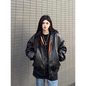 【有货】机车重磅工装PU皮加厚连帽夹克棉服外套MY6022特P120
