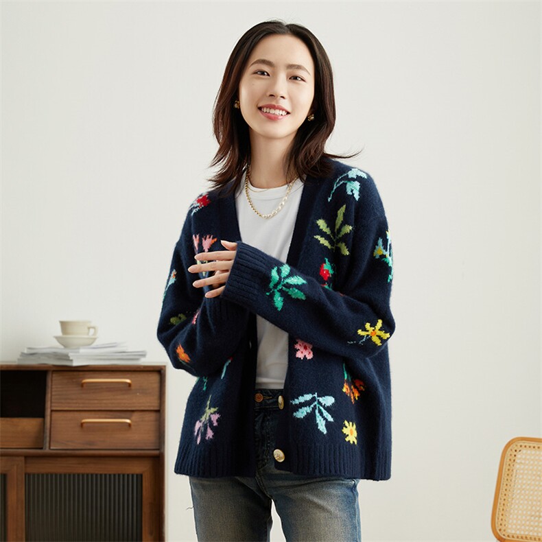 V领开衫女毛衣外套女春秋冬新款宽松显瘦长袖短款羊绒,女装羊绒衫,万品羊绒