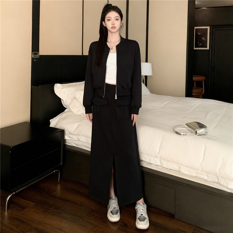 高级感时尚运动套装女秋季新款拉链开衫卫衣前开叉半身裙两件套潮,女装套装/套裙,江南