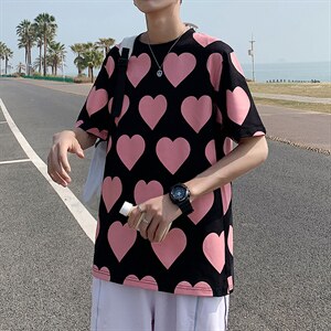 港风全身爱心印花短袖T恤男女夏季纯棉短袖情侣装T127P35控49