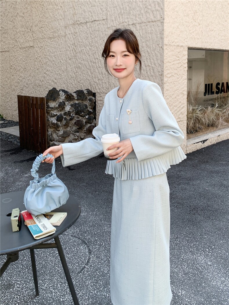 现货-2026年春季法式优雅压褶拼接两件套套裙女温柔风气质穿搭,女装套装/套裙,霓裳依族