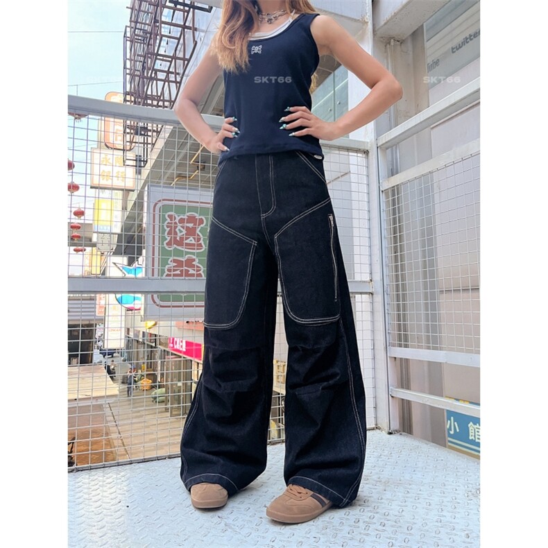 拼接多口袋阔腿牛仔裤男女黑色高腰显瘦帅气休闲宽松拖地工装长裤,男装牛仔裤,四季星座505