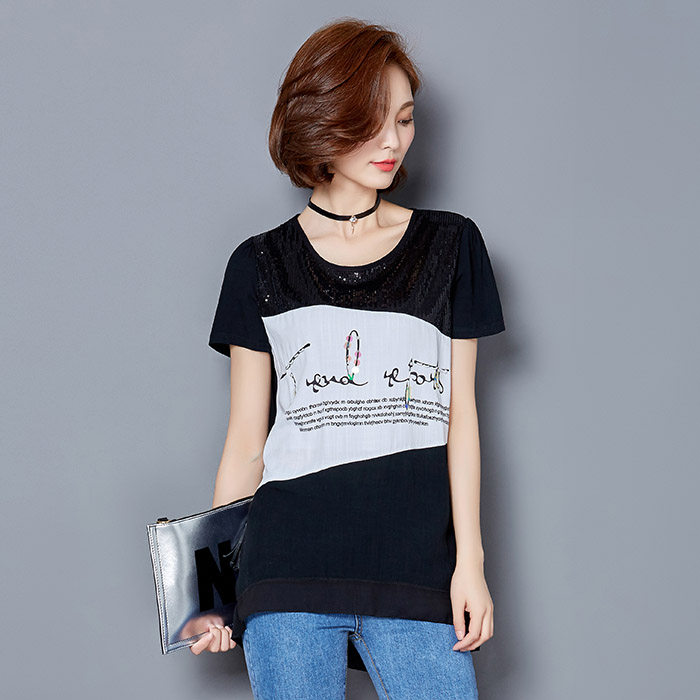 2021年夏季短袖套头圆领宽松显瘦韩版亮片T恤，女装T恤，安之芮娜